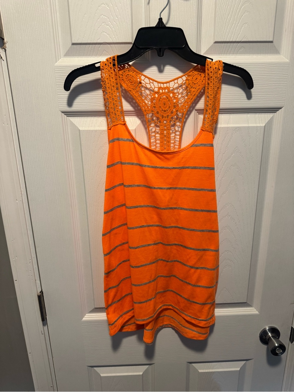 OP Bright Orange Crochet Racerback Tank with Silver Stripes